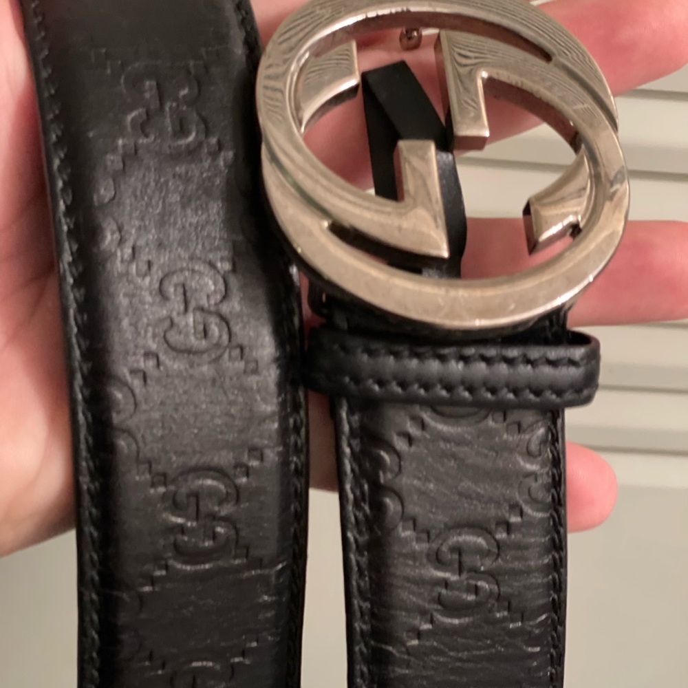 Gucci Black Embossed Leather Belt with Silver Double G Buckle